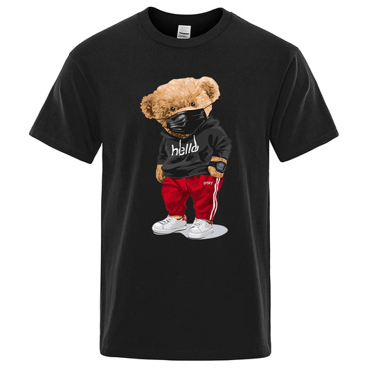 100% Cotton Sports Mask Bear Print Short-sleeved T-shirt male Half-sleeved Summer