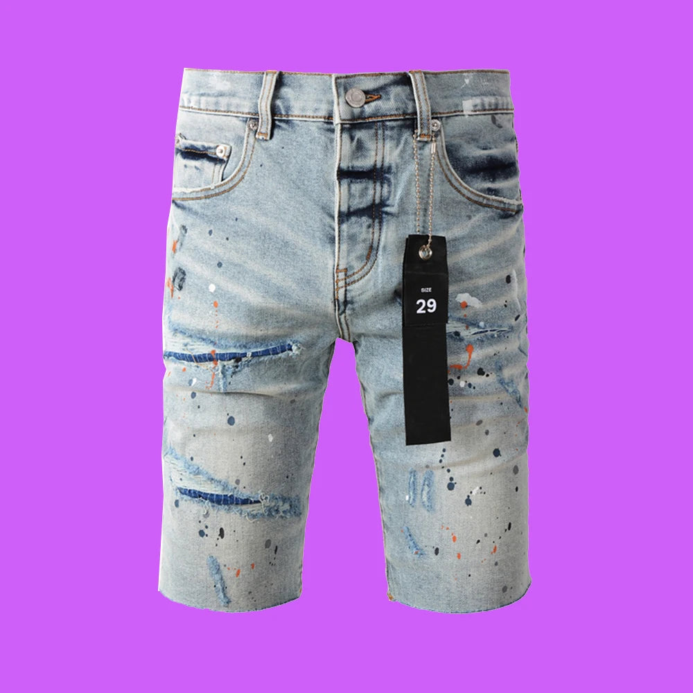 2024 New Purple ROCA brand streetwear trend with splashed ink denim shorts for men Repair Low Raise Skinny Denim pants