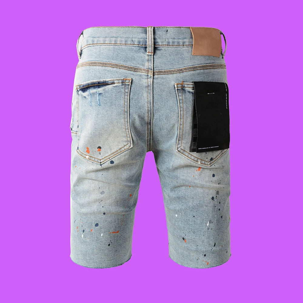 2024 New Purple ROCA brand streetwear trend with splashed ink denim shorts for men Repair Low Raise Skinny Denim pants