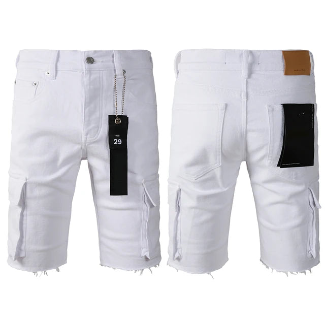 2024 New Purple ROCA brand white streetwear trend with splashed ink denim shorts for men Repair Low Raise Skinny Denim pants