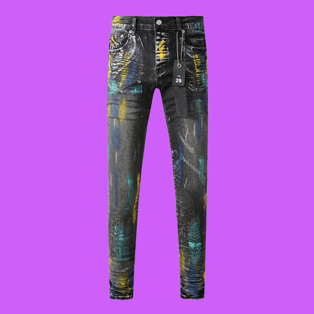 2024 New Purple roca Jeans Black Label Tinted American High Street Destroy Wash Repair Low Raise Skinny Denim Jeans brand pants