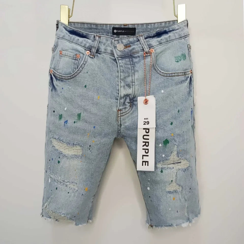 2024 Purple brand jeans high street plus size hip hop denim shorts with holes Repair