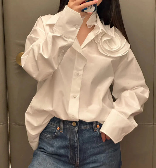 2024 spring women 3D flower ruffles loose cotton shirts turn down collar long sleeve solid tops