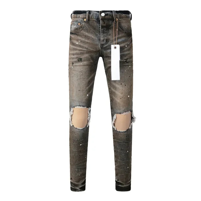 2024ss New Purple ROCA Brand jeans with top street distressed dual tone wash Repair Low Rise Skinny Denim pants