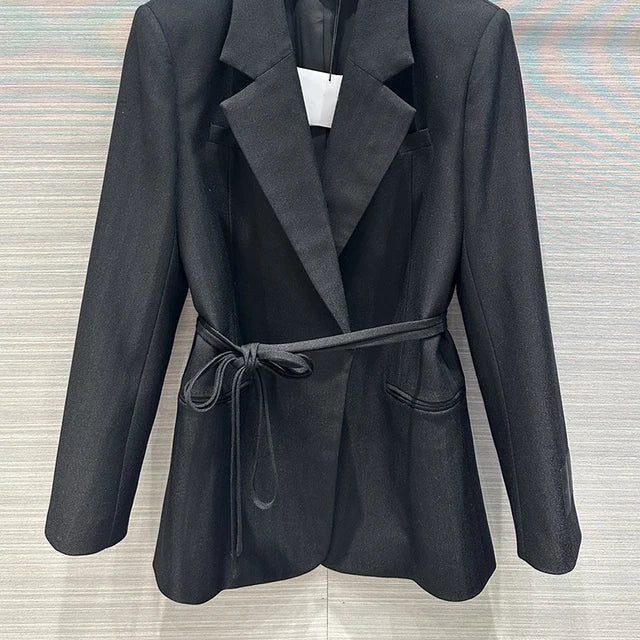 23Designer New Black Linen Blazer Suits High Qaulity Lapel Waist-Up Belt Coat Office Causal Straight Pants Fashion Women Clothes