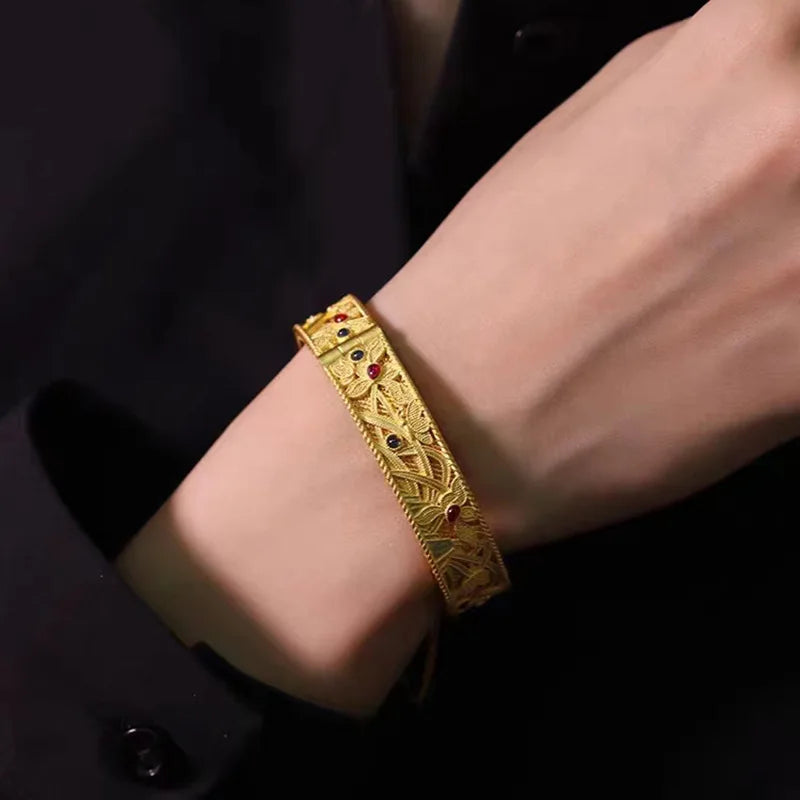 24K gold bracelet AU750 national trend enamel orchid heart retro palace style 999 hollow filigree Joyria womens jewelry