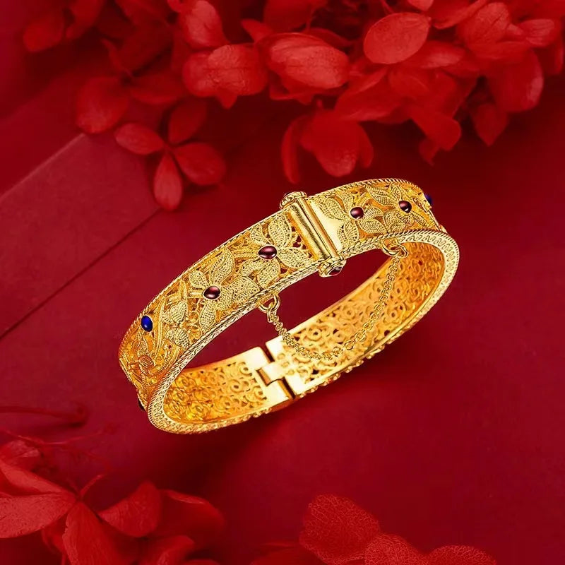24K gold bracelet AU750 national trend enamel orchid heart retro palace style 999 hollow filigree Joyria womens jewelry