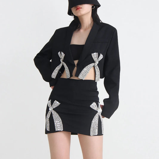 3D Bow Rhinestones Embellishment Suit Coat Diamonds Beaded Blazers Coat Crystal Cardigan +  Skirt 2pcs Set