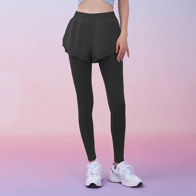 Women 2 In 1 Running Leggings with Pocket Wide Elastic Waistband Workout Capris Yoga Running Biker Gym Sports Pants