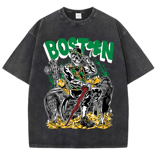 American Vintage T-Shirts for men/Women Boston Skeletons smoking Cotton Tshirt