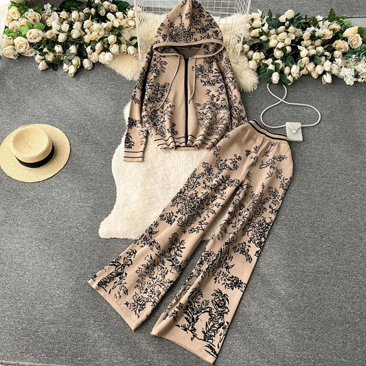Autumn Winter Knitwear Sets Women Hooded Long Sleeve Cardigan + Wide Leg Long Pants Fashion Retro Sweater Two Pieces Suits