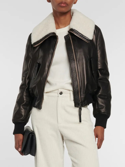 B*C Women's Leather Bomber Jacket Female Fur Collar zipper Coat Woman Fashion Sheepskin Leather Jacket