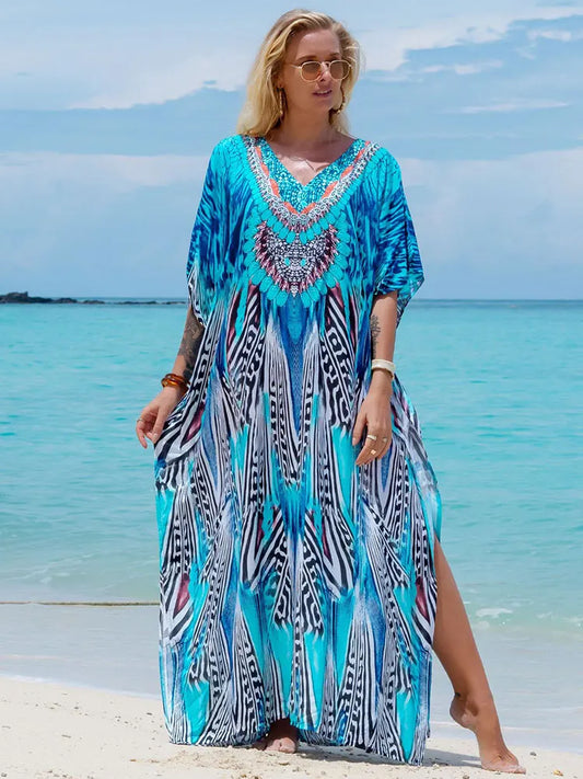 Bohemian Seaside Plus Size Print Kaftan Maxi Dress V Neck Slit Loose Robe Women 2024 Summer Beachwear Swimsuit Cover-ups
