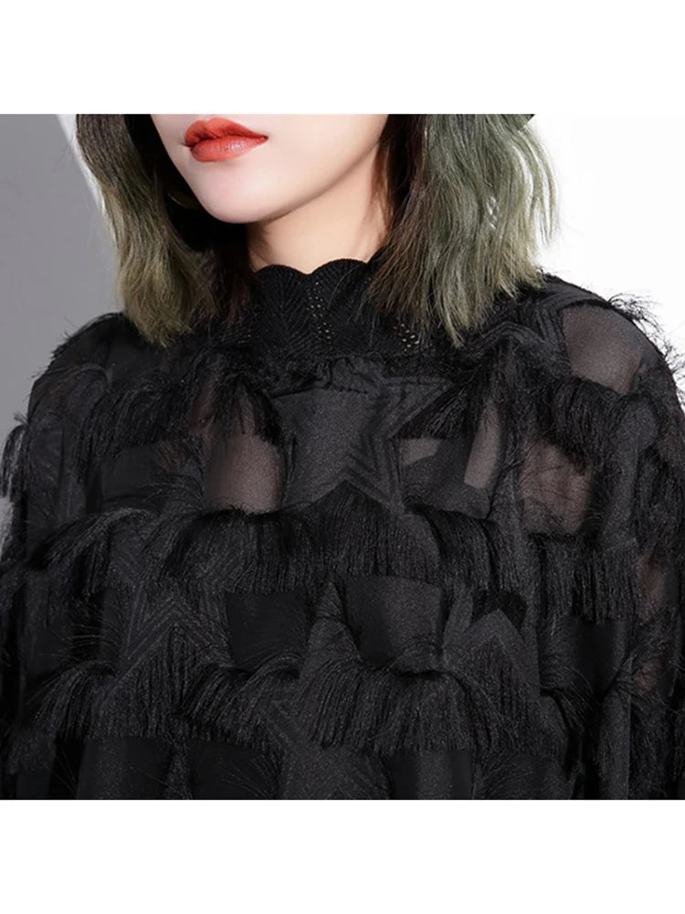 2024 New Spring Autumn Stand Collar Long Sleeve Perspective Black Loose Tassels Big Size Dress Women Fashion