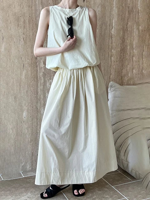 2024 Apricot Shirt Half-Body Skirt Two Pieces Suit New Round Neck Sleeveless Women Fashion Spring Summer