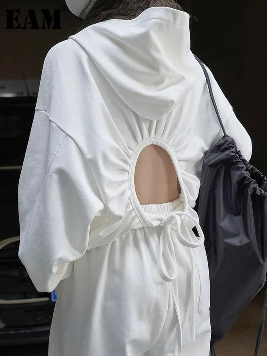 2024 Backless Drawstring White Casual Sweatshirt New Hooded Long Sleeve Women Big Size Fashion Spring Autumn