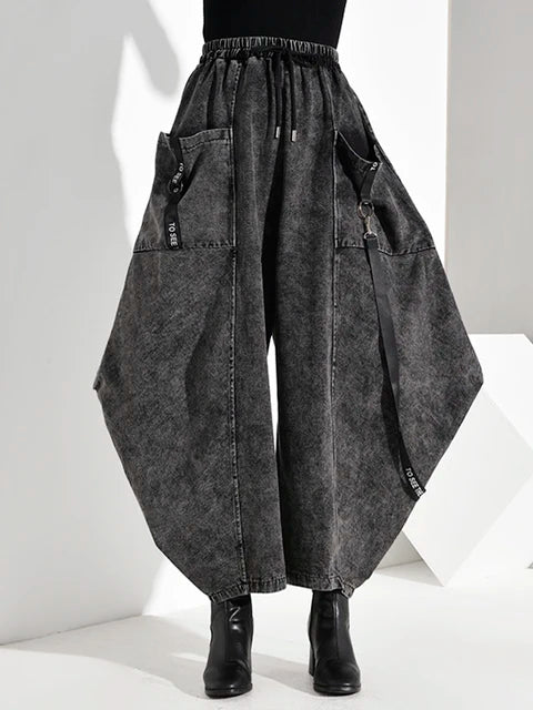 2024 High Elastic Waist Pocket Split Long Denim Wide Leg Trousers New Loose Fit Pants Women Fashion Spring Autumn