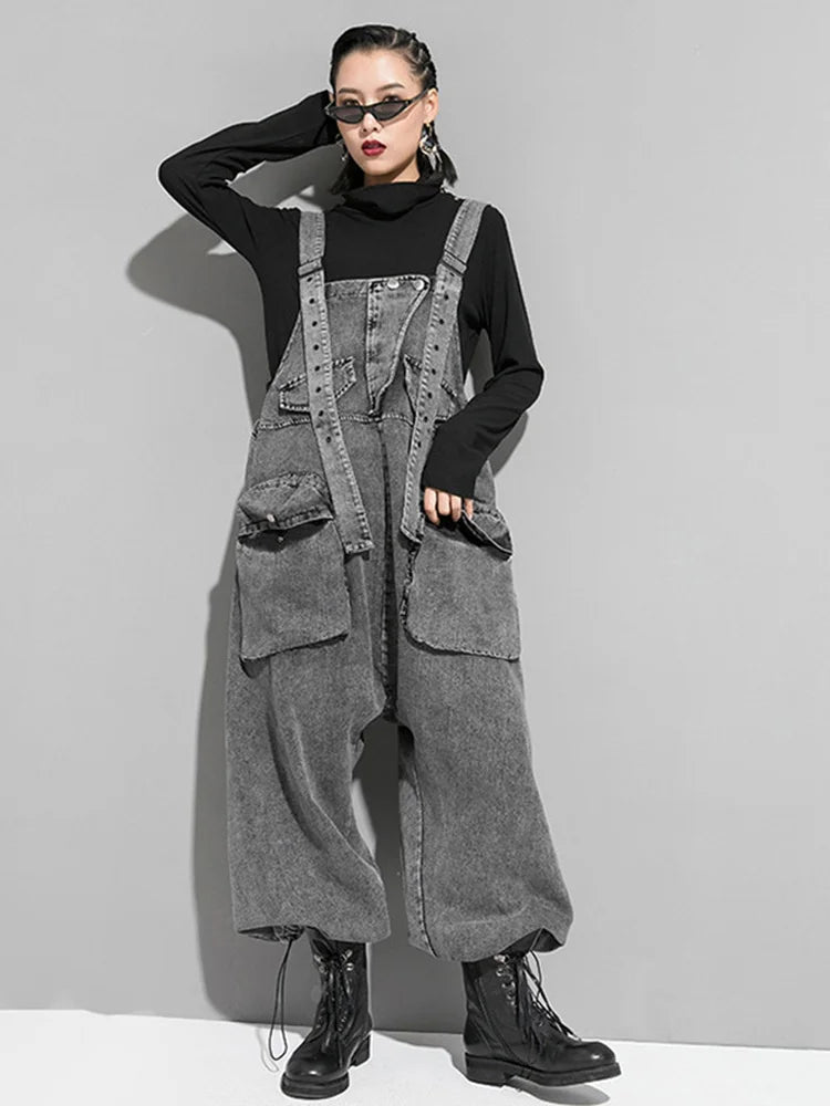 2024 High Waist Black Pocket c Denim Overalls Trousers New Loose Fit Pants Women Fashion Spring Autumn