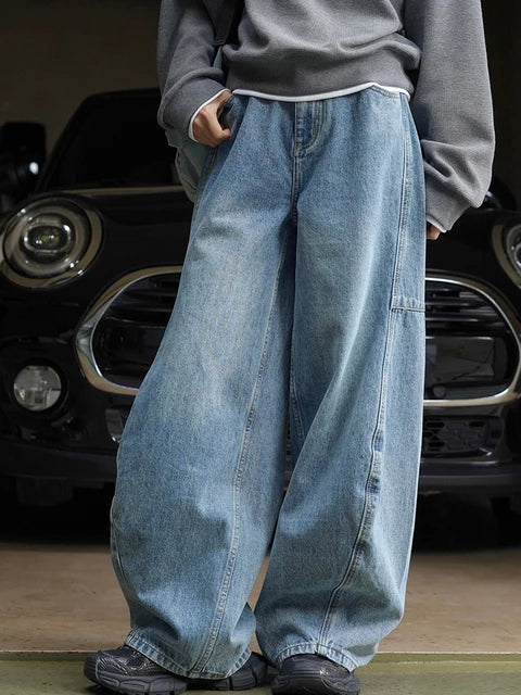 2024 High Waist Blue Denim Pocket Vintage Long Wide Leg Jeans New Women Trousers Fashion Spring Autumn