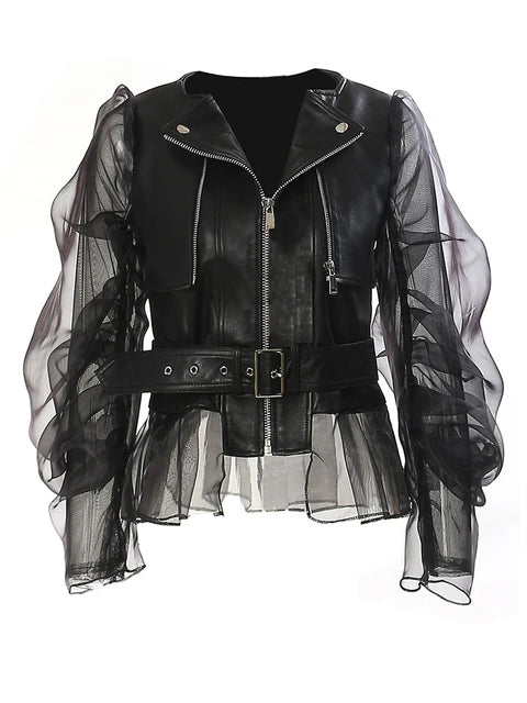 2024 Loose Fit Black Pu Leather Mesh Elegant Jacket New Lapel Long Sleeve Women Coat Fashion Spring Autumn
