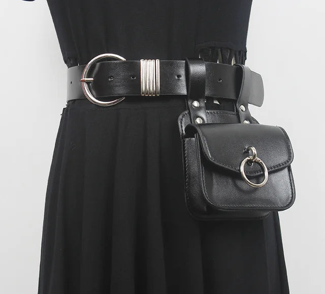 2024 Pu Leather Black Mini-bag Metal Buckle Long Wide Belt Personality Women New Fashion Spring Autumn