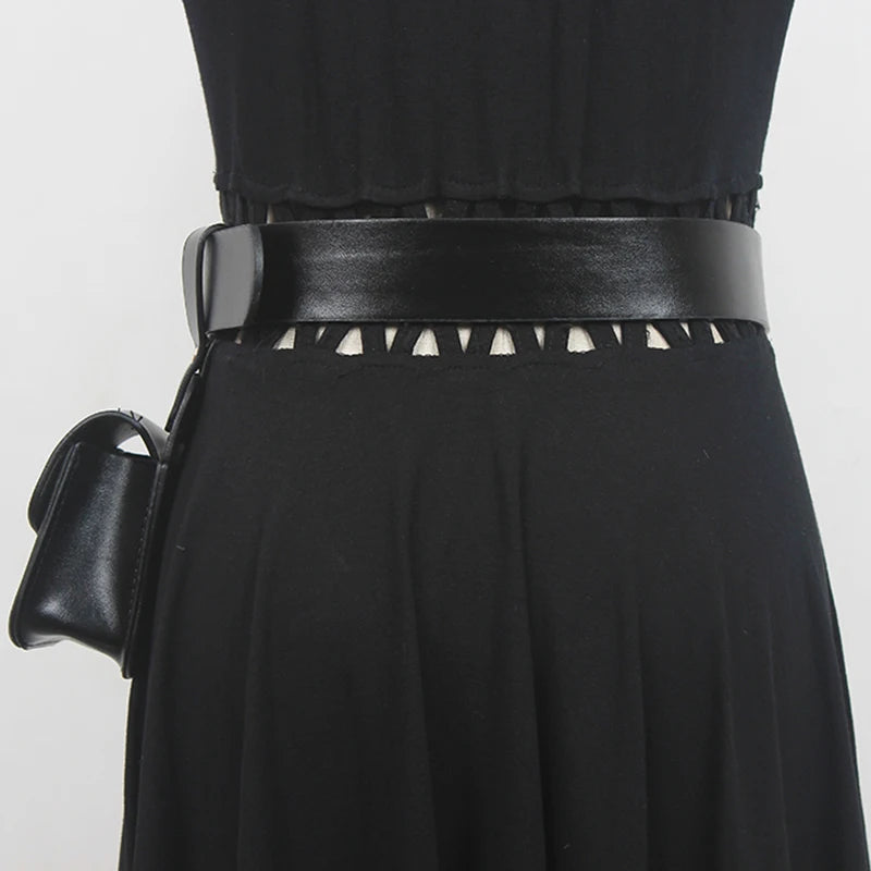 2024 Pu Leather Black Mini-bag Metal Buckle Long Wide Belt Personality Women New Fashion Spring Autumn
