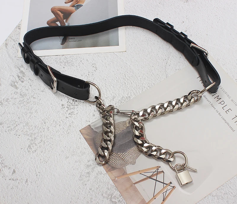 2024 Pu Leather Black Thick Metal Chain Long Wide Belt Personality Women New Fashion Tide All-match Spring Autumn