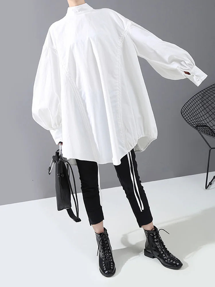 2024 Women Back Long Drawstring Big Size Blouse New Stand Collar Long Sleeve Loose Fit Shirt Fashion Spring Autumn