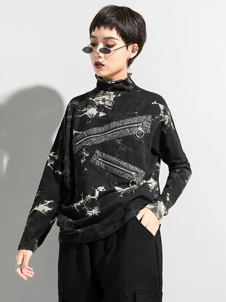 2024 Women Big Size Irregular Zipper Printed  T-shirt New Turtleneck Long Sleeve  Fashion Spring Autumn