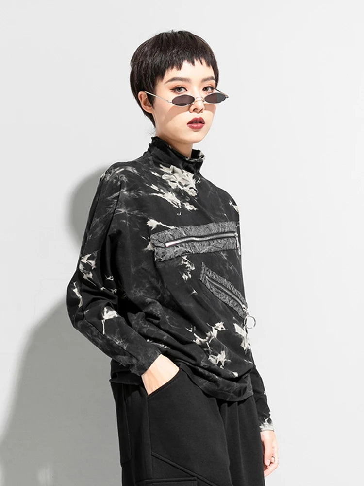 2024 Women Big Size Irregular Zipper Printed  T-shirt New Turtleneck Long Sleeve  Fashion Spring Autumn