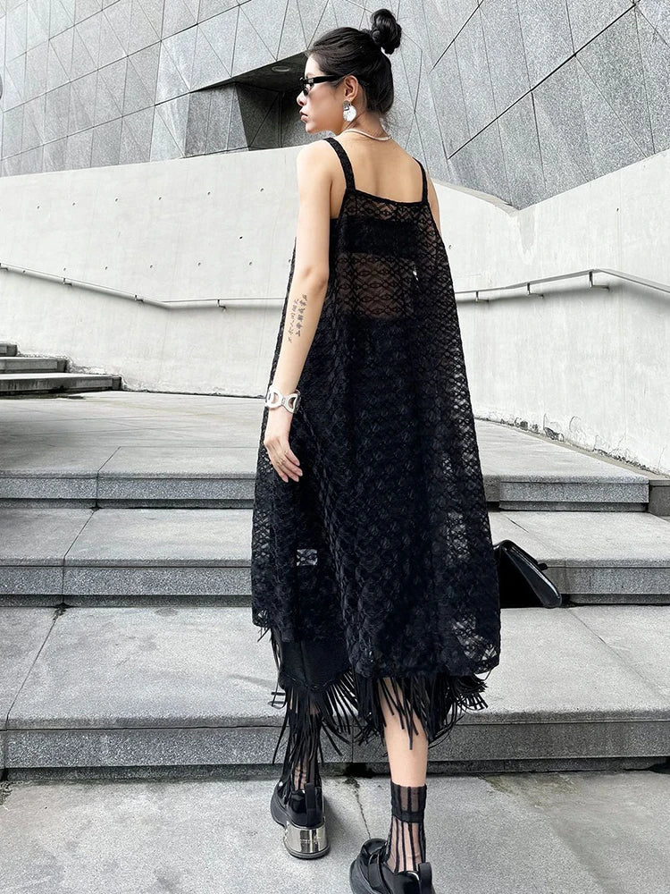 2024 Women Black Irregular Lace Perspective Tank Tops New Square Collar Sleeveless Fashion Spring Summer 2024