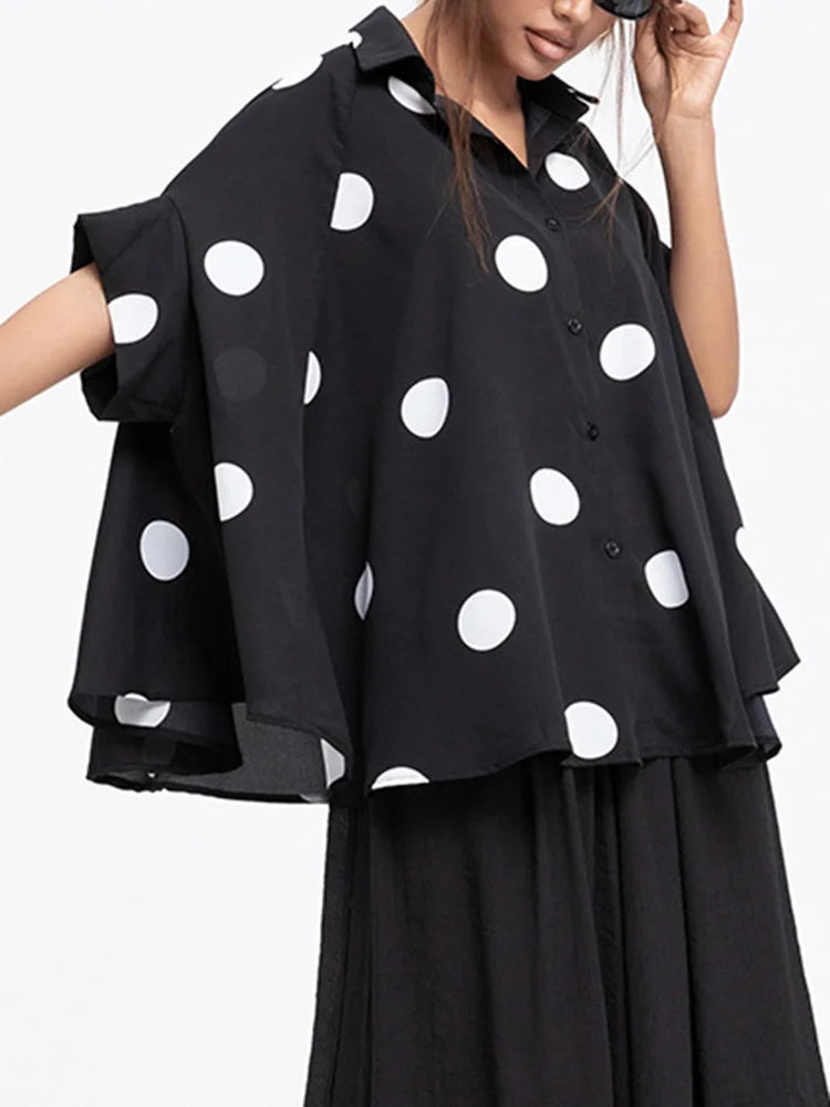 2024 Women Black Big Size Dots Causal Blouse New Lapel Half Sleeve Loose Fit Shirt Fashion Spring Autumn
