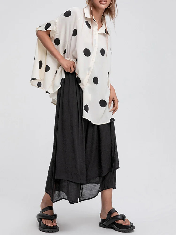 2024 Women Black Big Size Dots Causal Blouse New Lapel Half Sleeve Loose Fit Shirt Fashion Spring Autumn