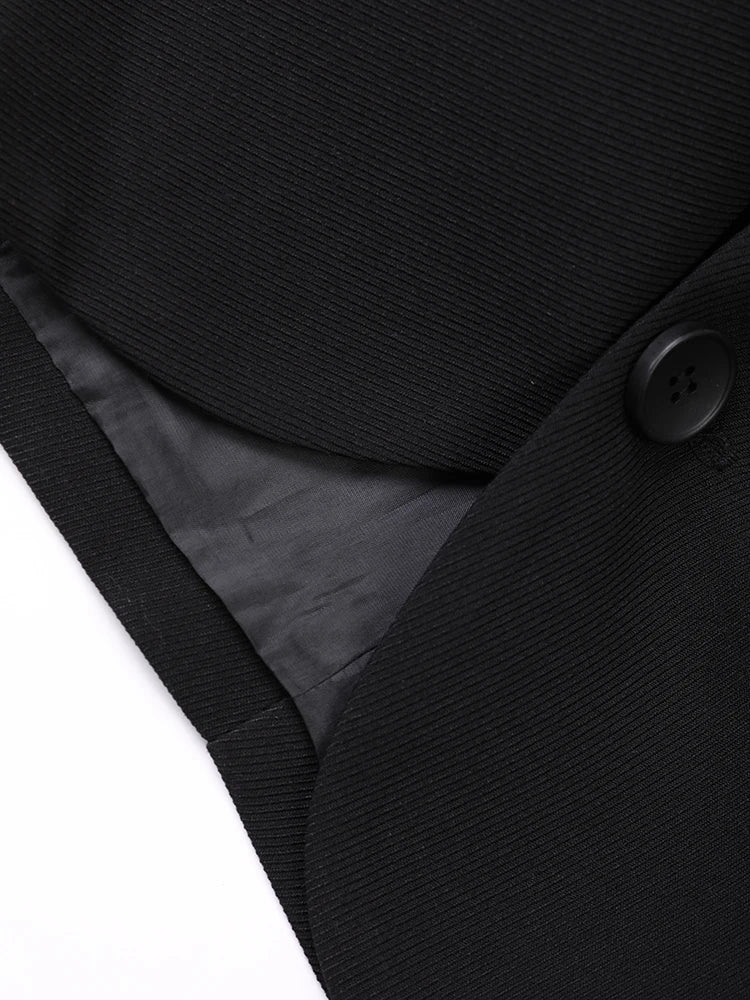 Women Black Buckle Feather Cuff Big Size Blazer New Lapel Long Sleeve Loose Fit Jacket 2024