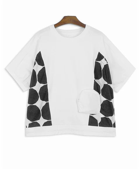 2024 Women Black Dot Printed Big Size Casual T-shirt New Round Neck Short Sleeve Fashion Spring Summer