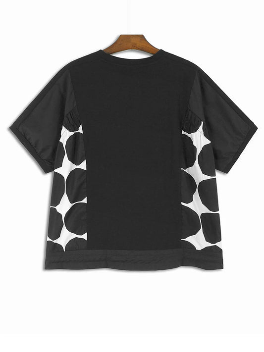 2024 Women Black Dot Printed Big Size Casual T-shirt New Round Neck Short Sleeve Fashion Spring Summer
