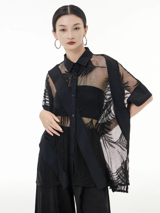 2024 Women Black Lace Perspective Big Size Blouse New Lapel Half Sleeve Loose Fit Shirt Fashion Spring Summer