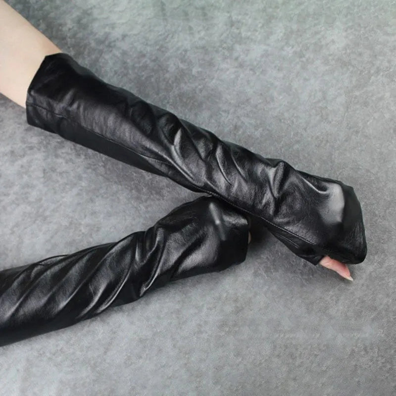 2024 Women Black Long Elegant Gloves New Pu Leather Personality   Fashion All-match Spring Autumn