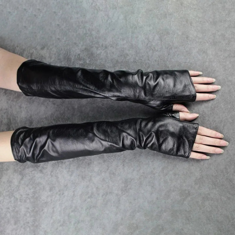 2024 Women Black Long Elegant Gloves New Pu Leather Personality   Fashion All-match Spring Autumn