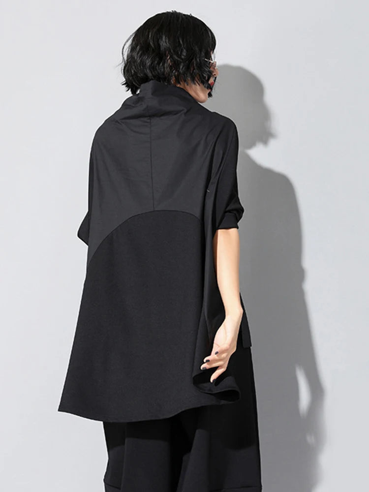 Women Black Loose Pocket Irregular Hem Big Size T-shirt New Turtleneck Long Sleeve Fashion Spring Autumn 2024