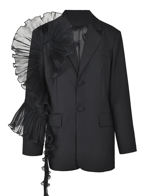 2024 Women Black Organza Ruffles Big Size Blazer New Lapel Long Sleeve Loose Fit Jacket Fashion Spring Autumn