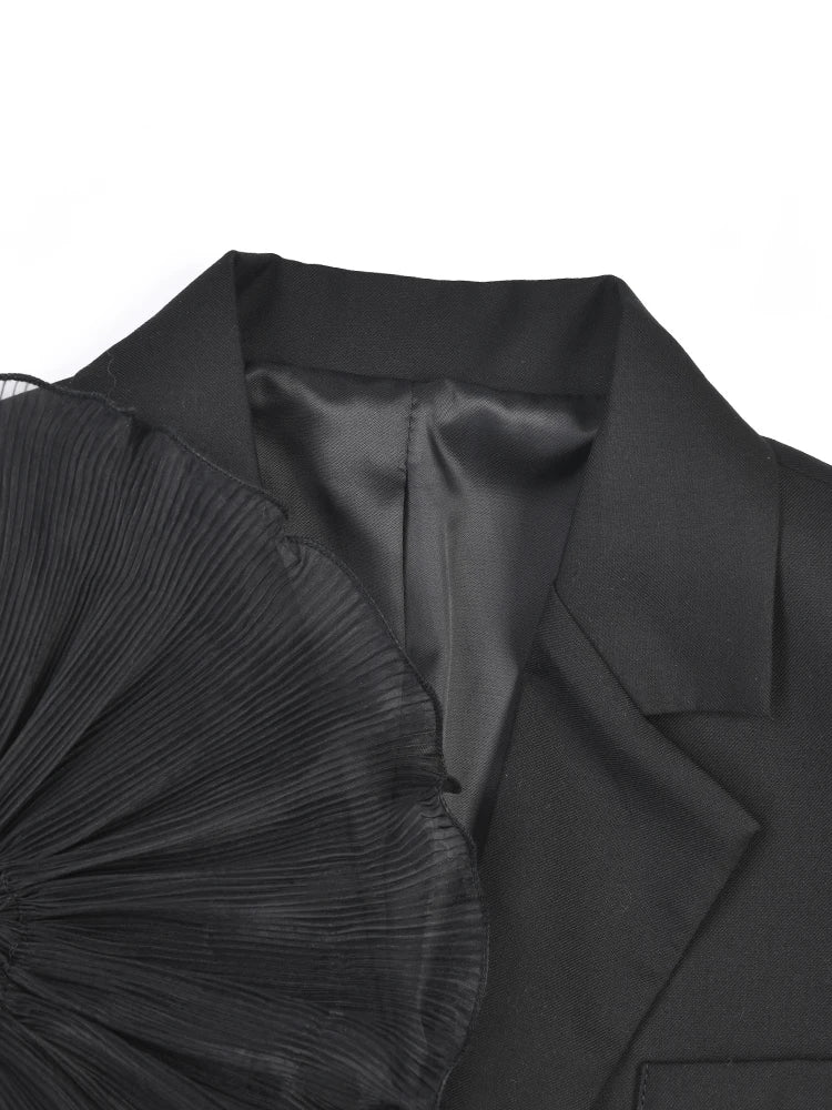 2024 Women Black Organza Ruffles Big Size Blazer New Lapel Long Sleeve Loose Fit Jacket Fashion Spring Autumn