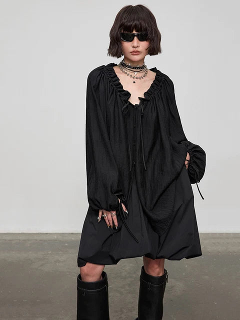 2024 Women Black Pleated Long Big Size Casual Blouse New V-neck Long Sleeve Shirt Fashion Spring Autumn