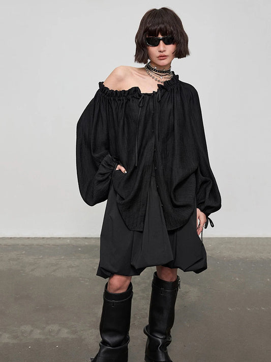 2024 Women Black Pleated Long Big Size Casual Blouse New V-neck Long Sleeve Shirt Fashion Spring Autumn