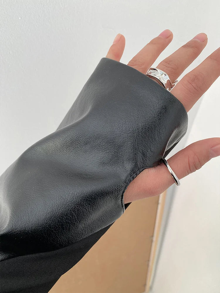 2024 Women Black Pu Leather Shaped Big Size Blazer New Lapel Long Sleeve Loose