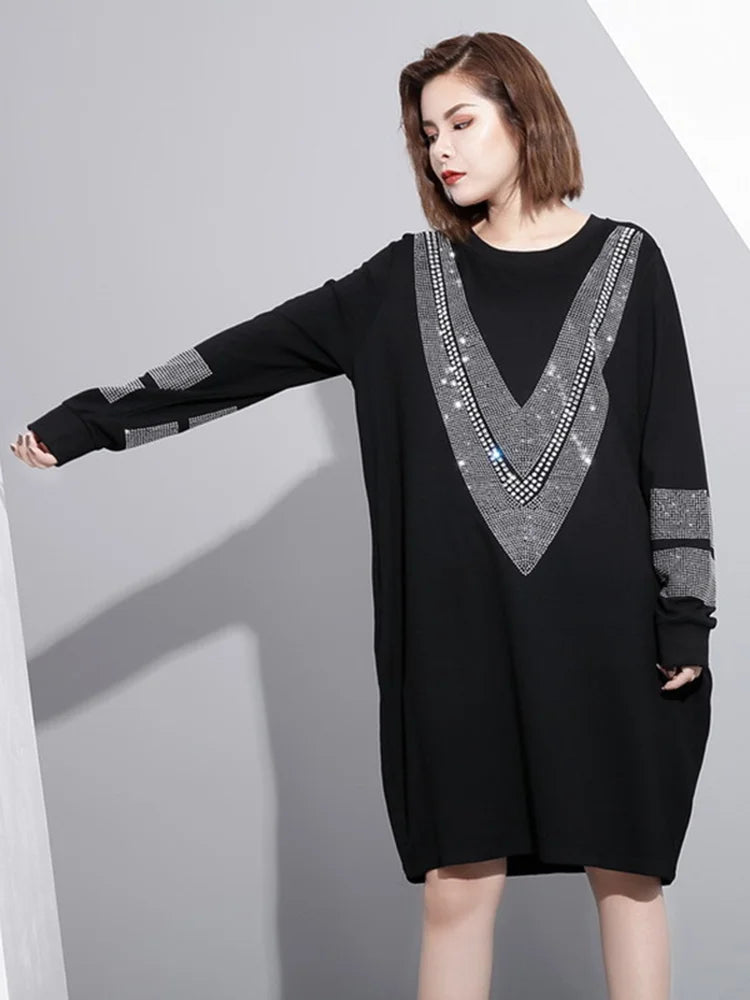 Women Black Rhinestones Shining Big Size Dress New Round Neck Long Sleeve Loose Fit Fashion Spring Autumn 2024