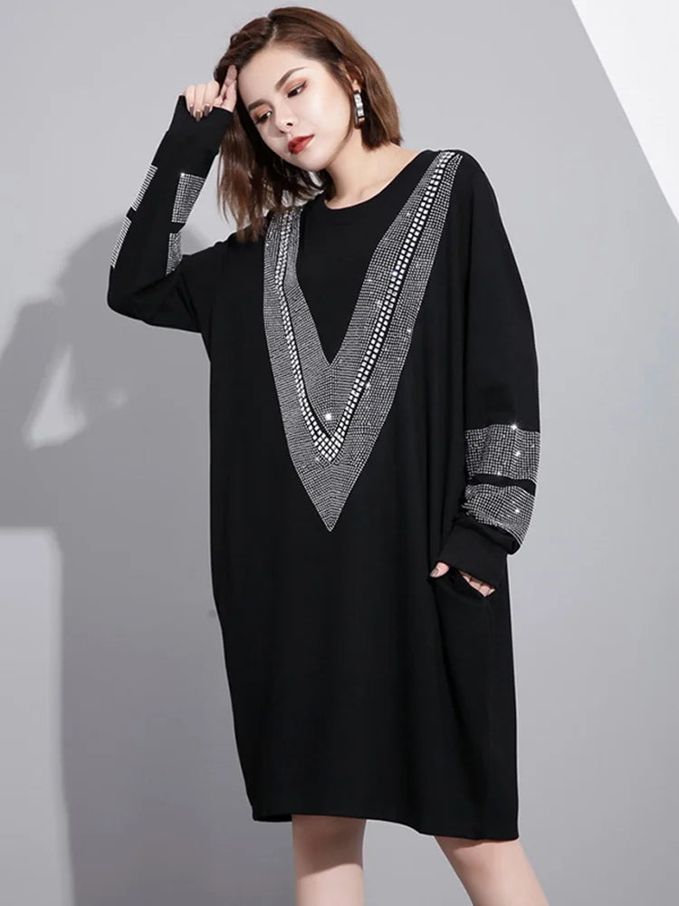 Women Black Rhinestones Shining Big Size Dress New Round Neck Long Sleeve Loose Fit Fashion Spring Autumn 2024