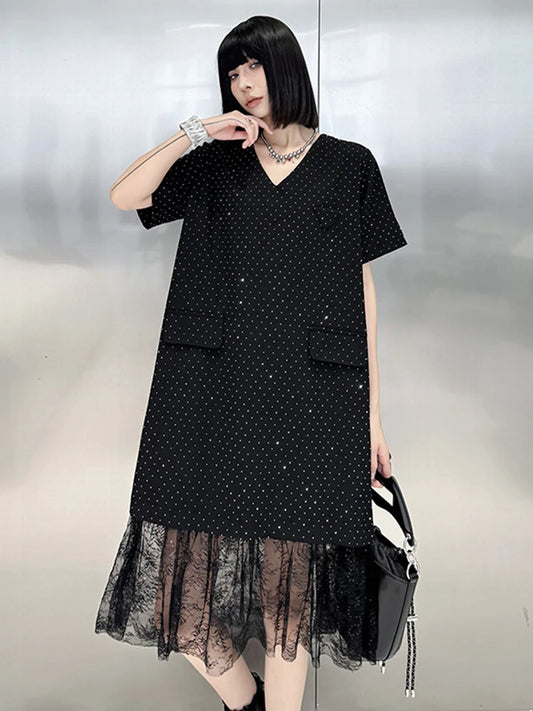 2024 Women Black Rhinestones Shining Tassels Big Size Dress New V-Neck Short Sleeve Fashion Spring Summer