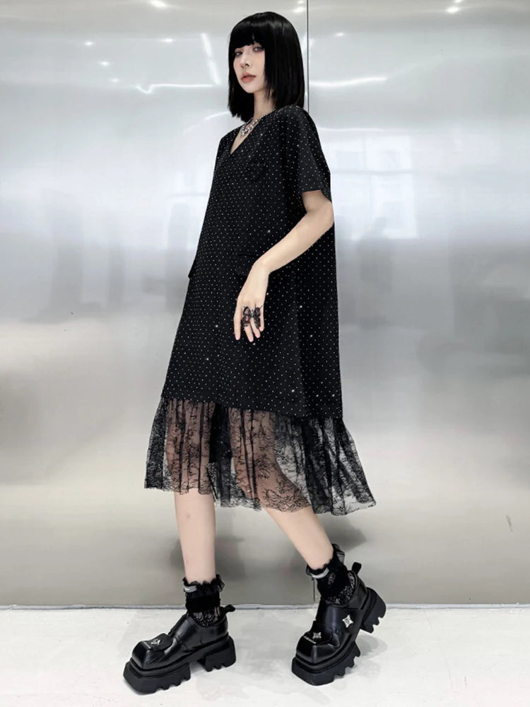 2024 Women Black Rhinestones Shining Tassels Big Size Dress New V-Neck Short Sleeve Fashion Spring Summer