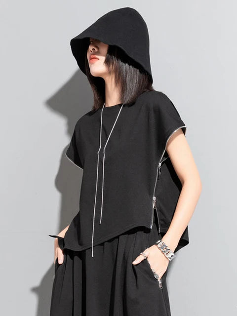 2024 Women Black Zipper Irregular Big Size Casual T-shirt New Round Neck Sleeveless Fashion Spring Summer